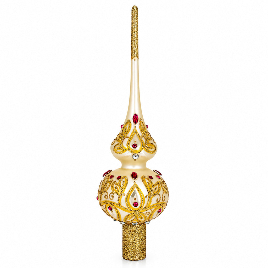 Red Jeweled with Golden Leaves Glass Christmas Tree Topper 11 Inches
