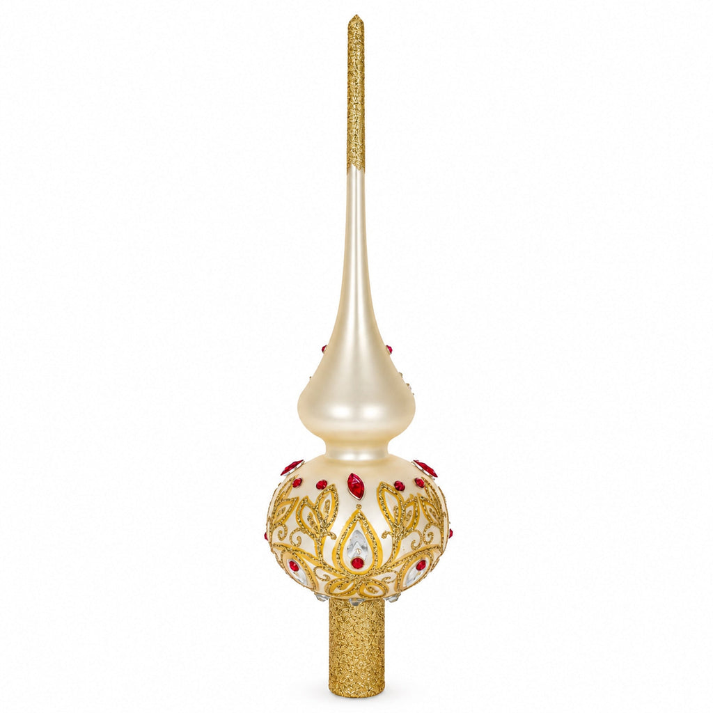 Red Jeweled with Golden Leaves Glass Christmas Tree Topper 11 Inches
