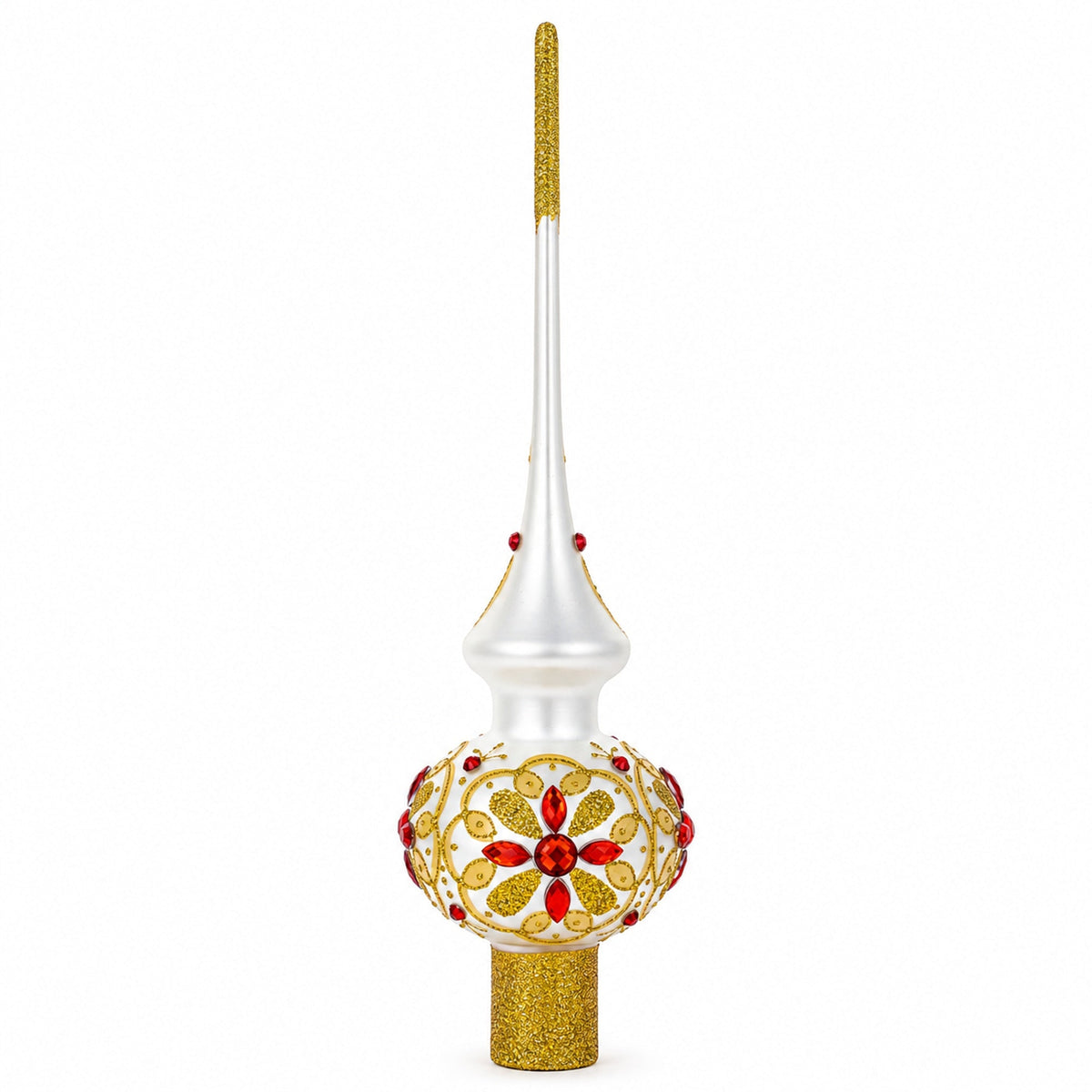Red Jeweled Stars on Gold Pattern on White Glass Christmas Tree Topper 11 Inches