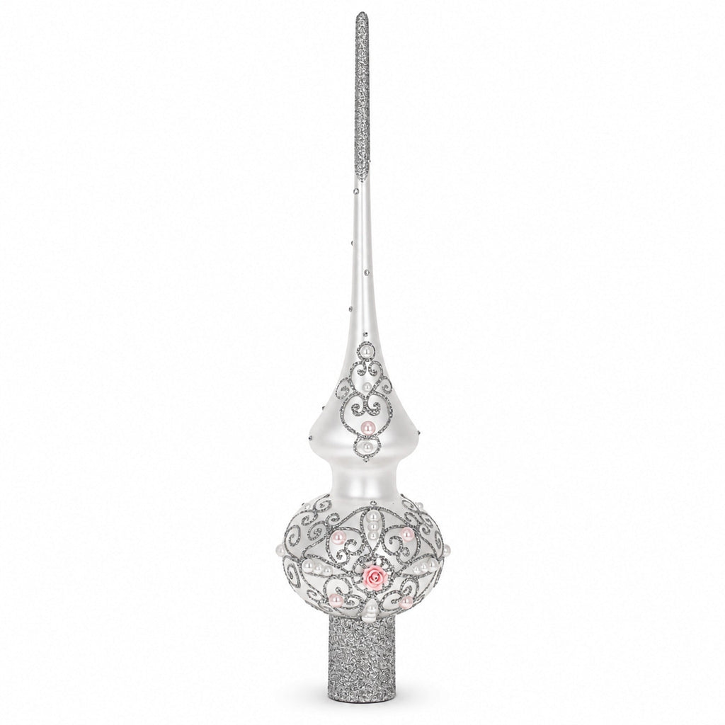 Pink Roses and Pearls on Silver Glass Christmas Tree Topper 11 Inches