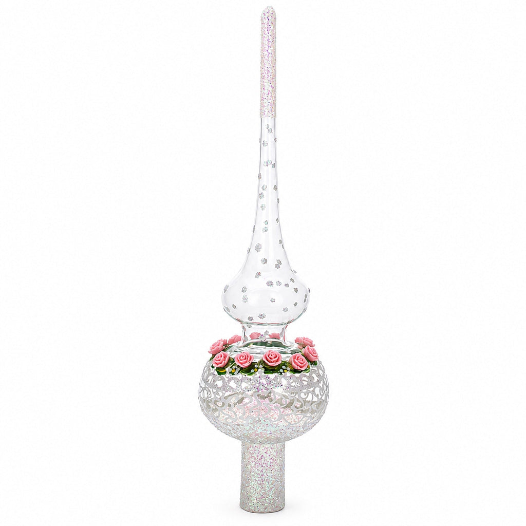 Pink Roses on Silver Swirls and Clear Glass Christmas Tree Topper 11 Inches