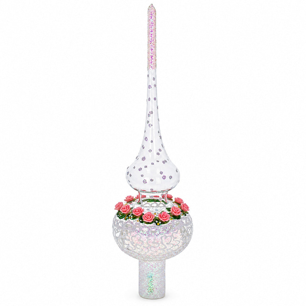 Pink Roses on Silver Swirls and Clear Glass Christmas Tree Topper 11 Inches