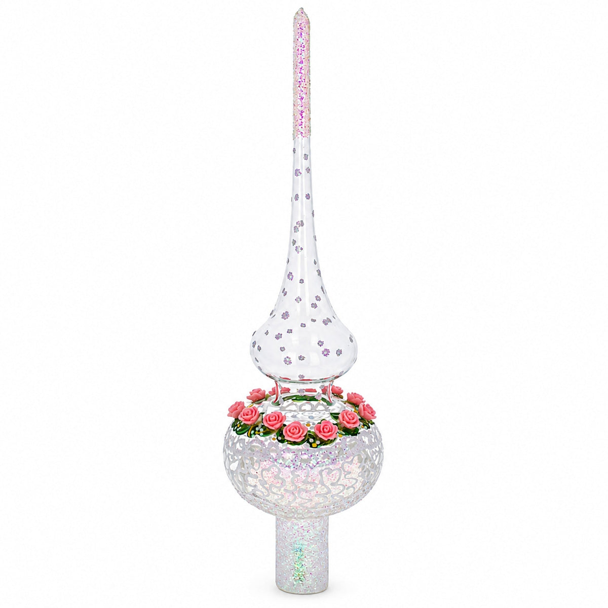 Pink Roses on Silver Swirls and Clear Glass Christmas Tree Topper 11 Inches