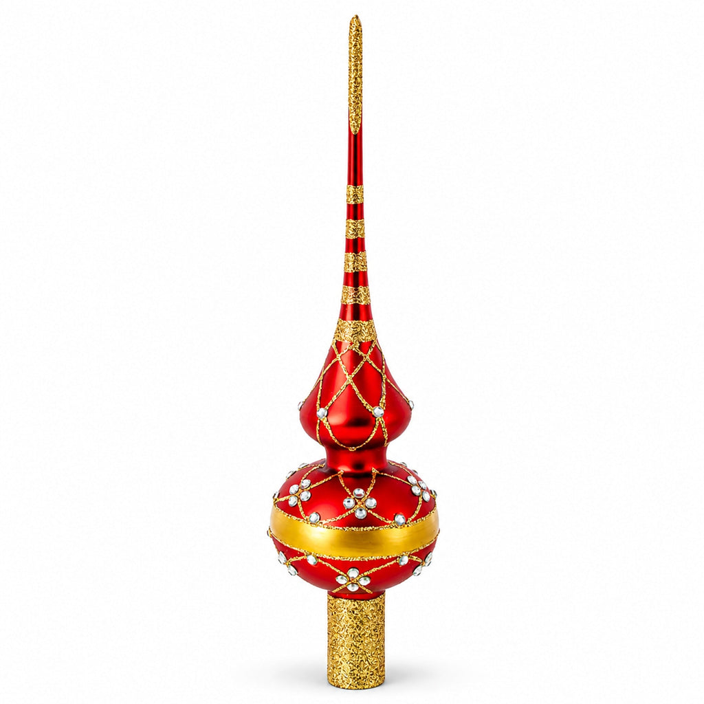Dimensional White Diamond Trellis on Red Glass Christmas Tree Topper 11 Inches