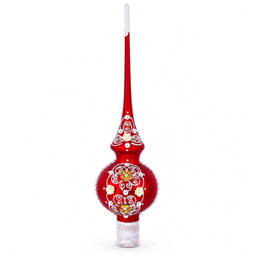 Golden Flowers and Silver Swirls on Red Glass Christmas Tree Topper 11 Inches