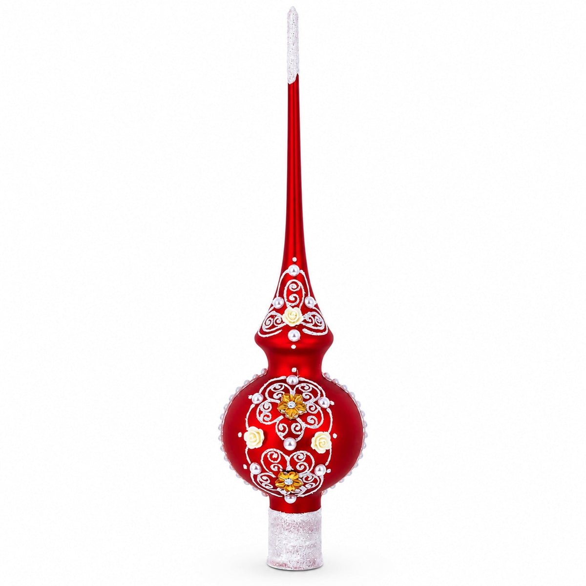 Golden Flowers and Silver Swirls on Red Glass Christmas Tree Topper 11 Inches
