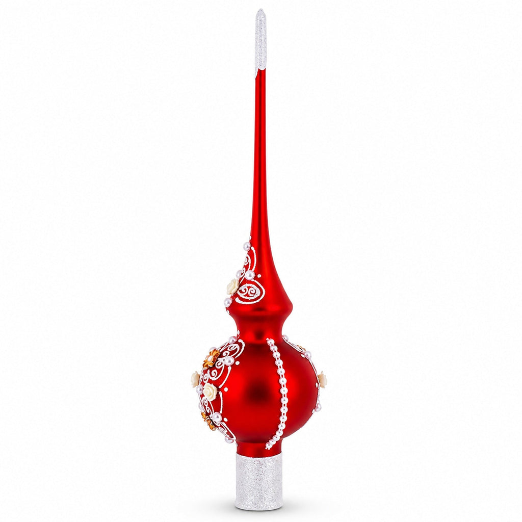 Golden Flowers and Silver Swirls on Red Glass Christmas Tree Topper 11 Inches