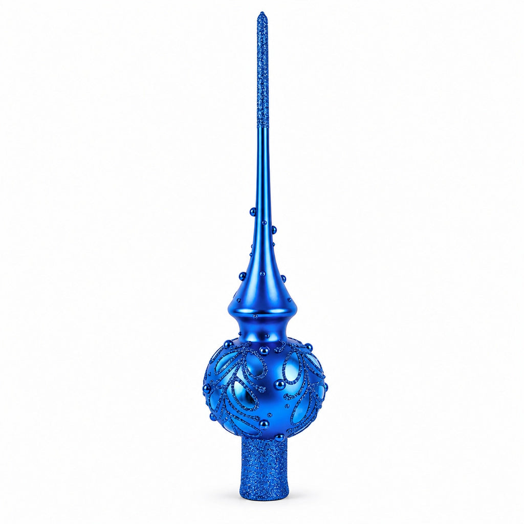 Blue Jewels Scroll on Blue Glass Christmas Tree Topper 11 Inches