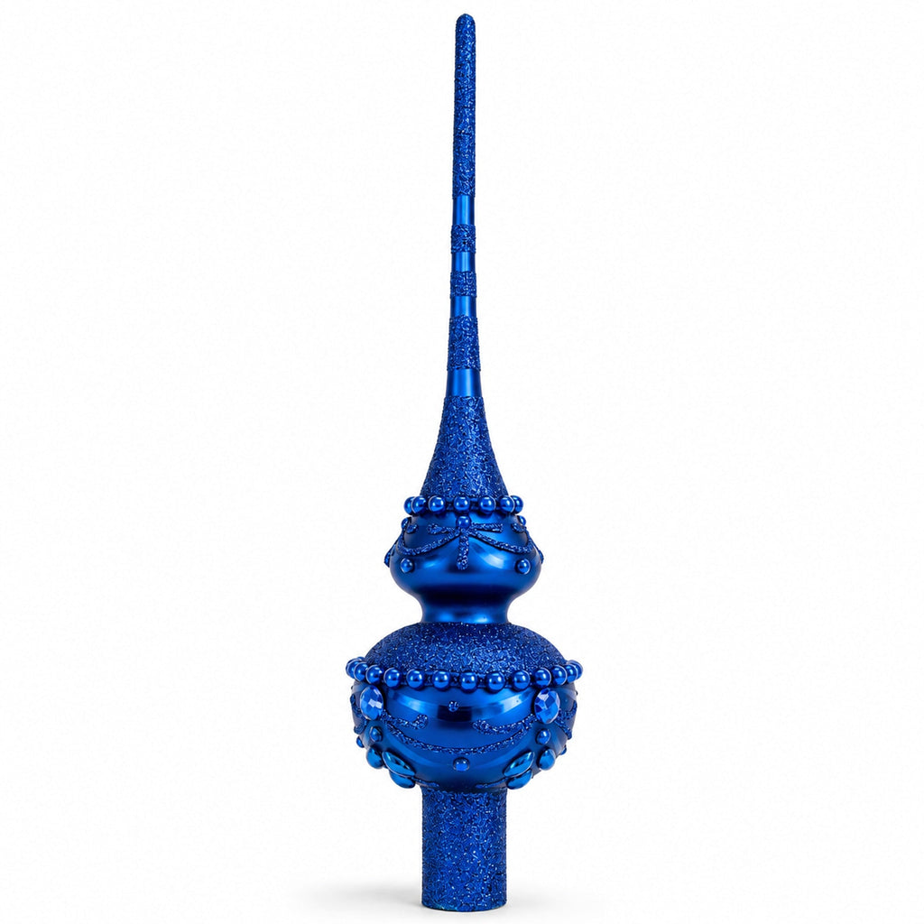 Dimensional Blue Jewels Chandelier on Red Glass Christmas Tree Topper 11 Inches