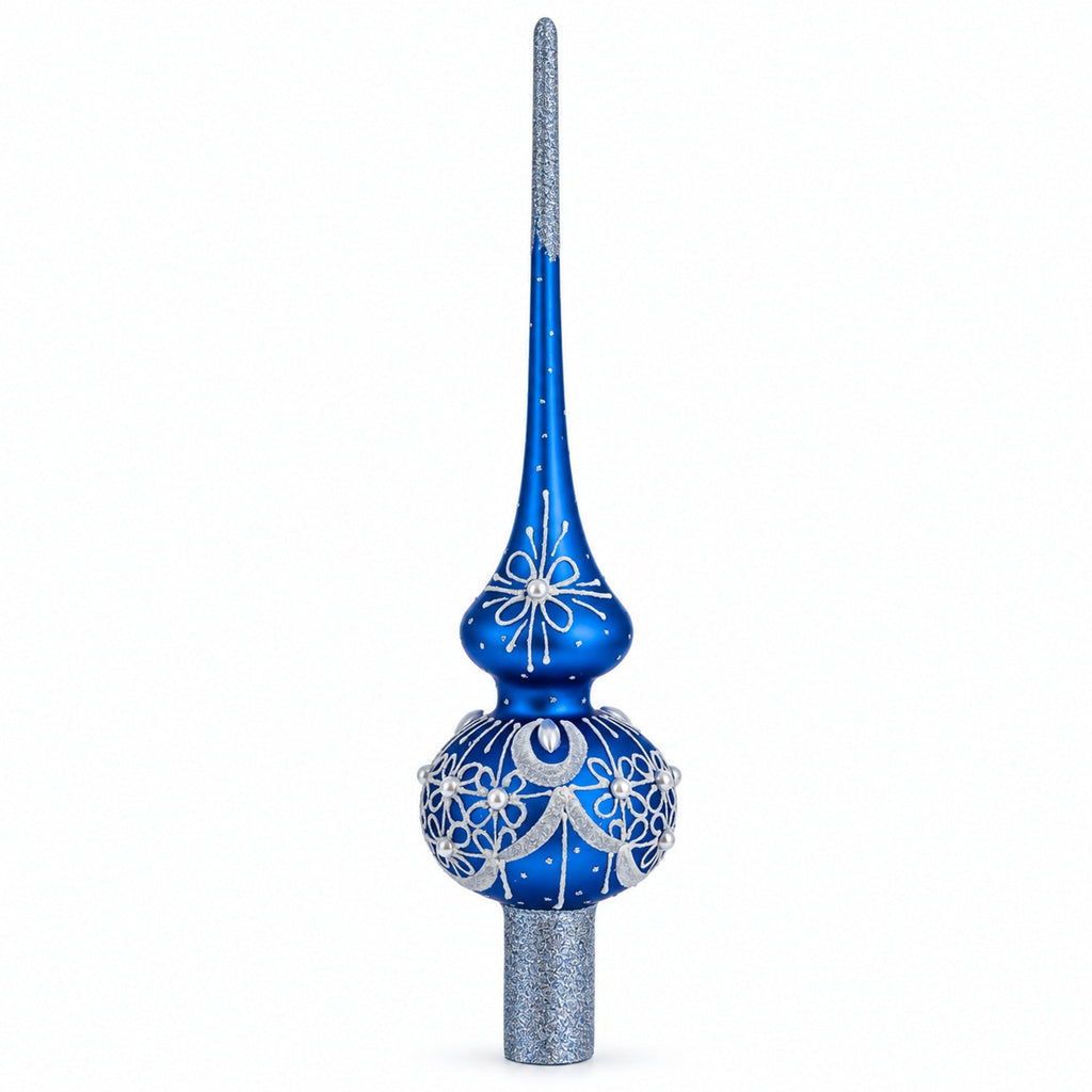 Dimensional White Pearls on Blue Glass Christmas Tree Topper 11 Inches