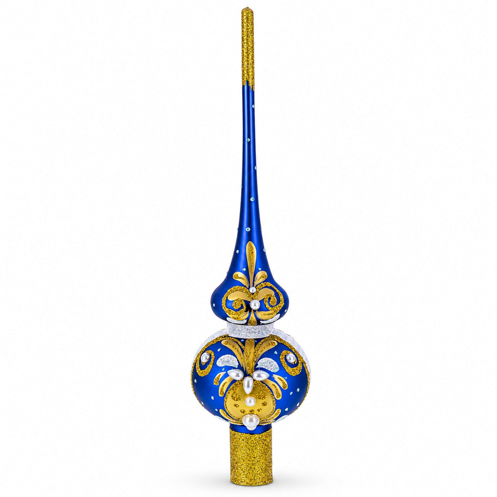 White Pearls with Golden Leaves on Blue Glass Christmas Tree Topper 11 Inches
