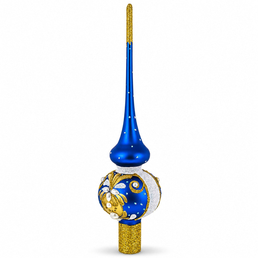 White Pearls with Golden Leaves on Blue Glass Christmas Tree Topper 11 Inches
