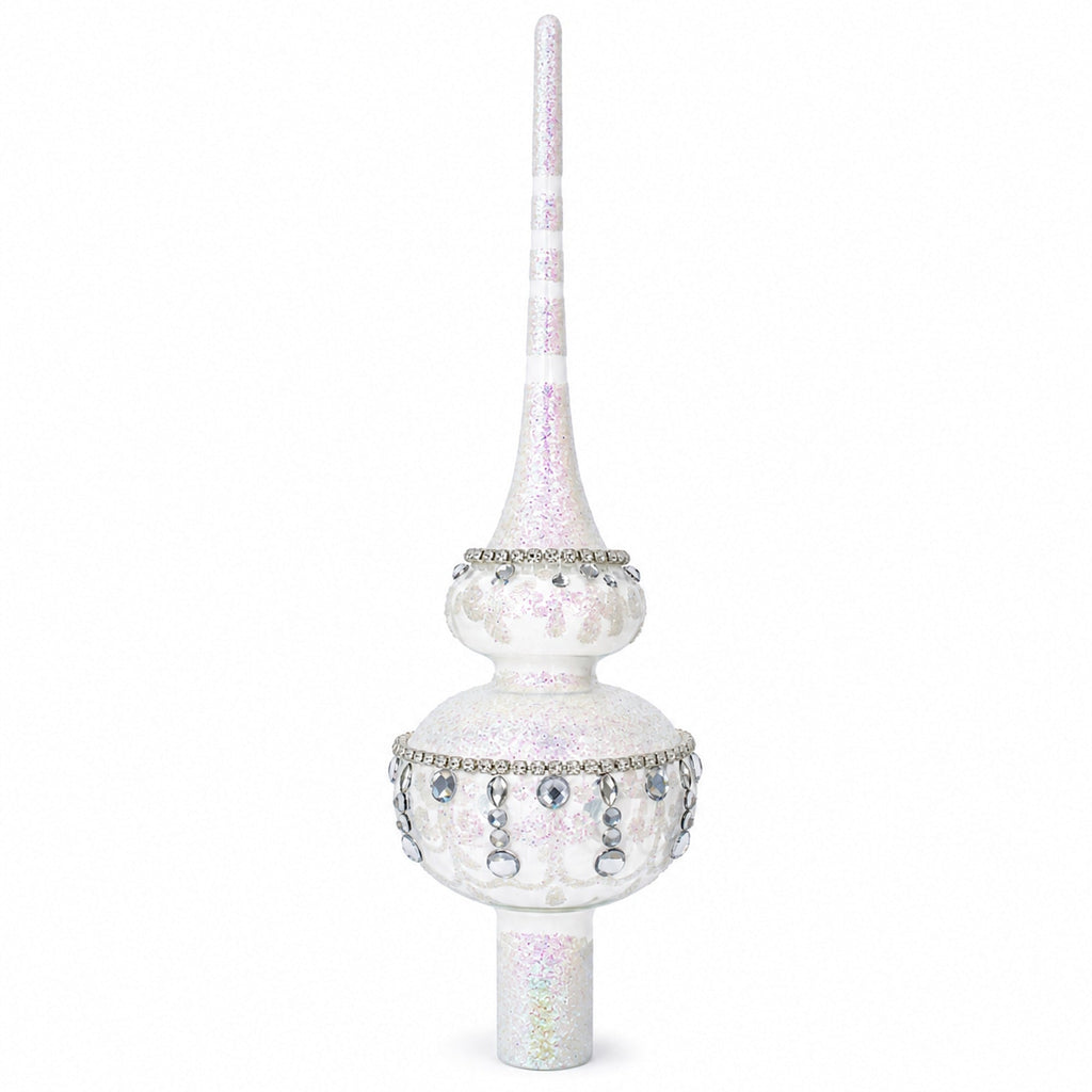 Jewel Drops on White Chandelier Clear Glass Christmas Tree Topper 11 Inches