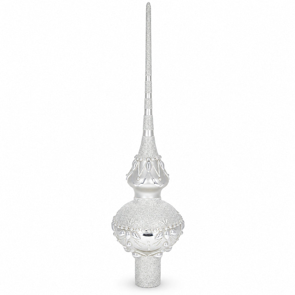 Pearl Drops on White Chandelier Clear Glass Christmas Tree Topper 11 Inches