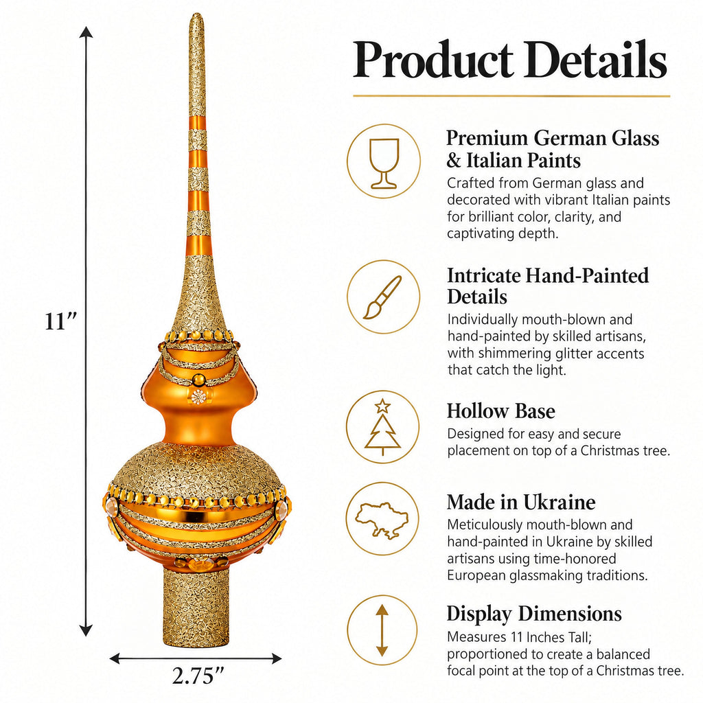 White and Golden Jewels on Sparkling Orange Glass Christmas Tree Topper 11 Inches
