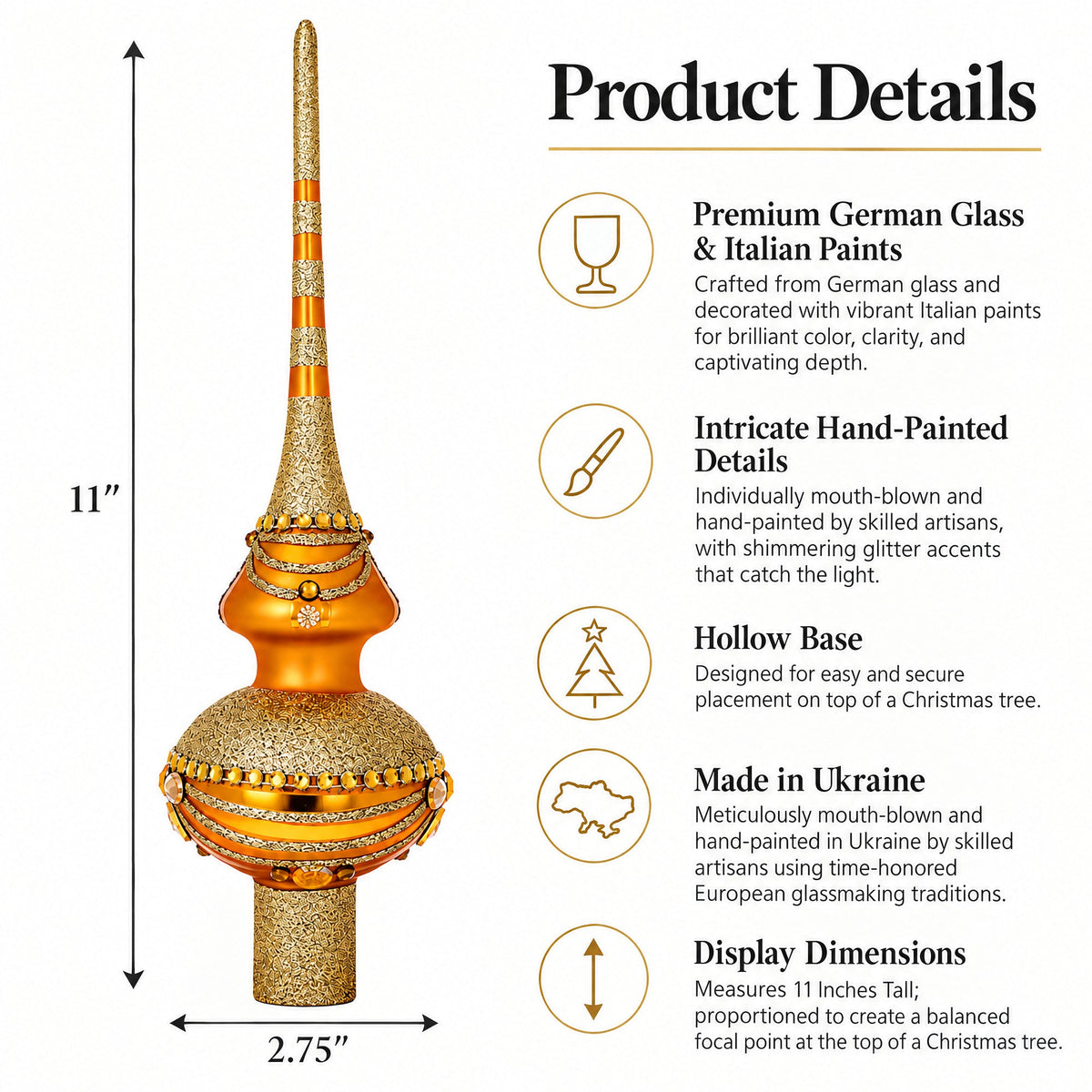 White and Golden Jewels on Sparkling Orange Glass Christmas Tree Topper 11 Inches