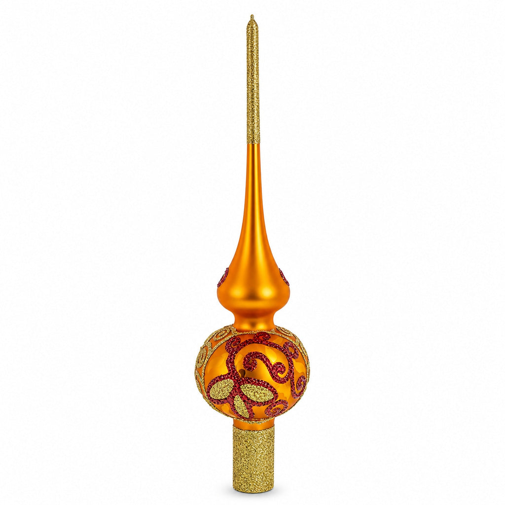 Sparkling Leaves on Gold Glass Christmas Tree Topper 11 Inches