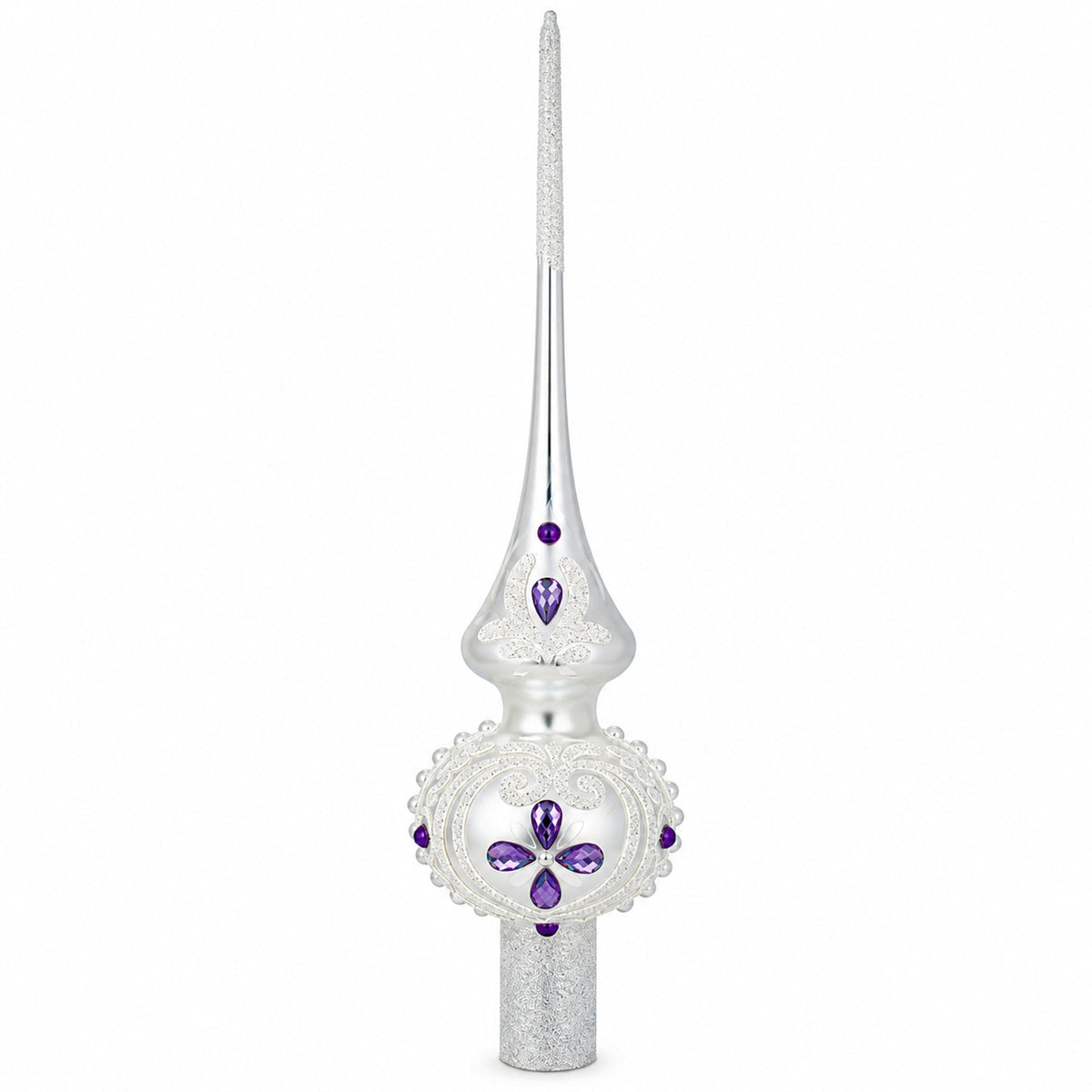 Purple Jewel Stars and Pearls on White Glass Christmas Tree Topper 11 Inches