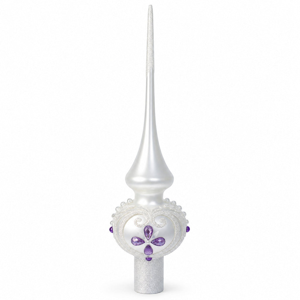 Purple Jewel Stars and Pearls on White Glass Christmas Tree Topper 11 Inches