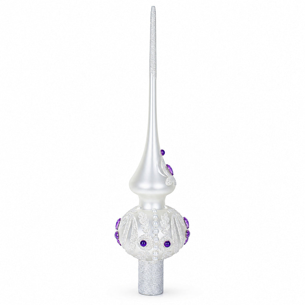 Purple Jewel Stars and Pearls on White Glass Christmas Tree Topper 11 Inches