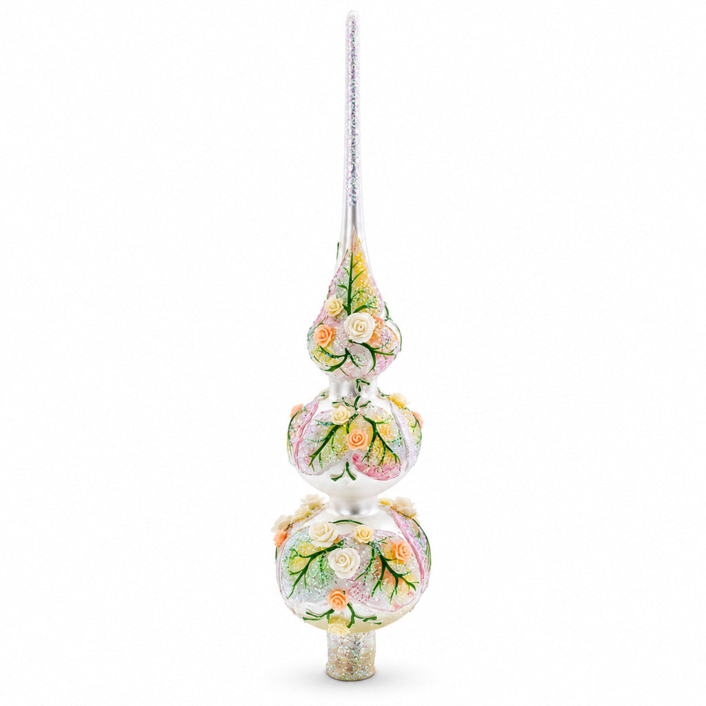 Pink and White Roses Bouquet on Double Ball Glass Christmas Tree Topper 12.5 Inches