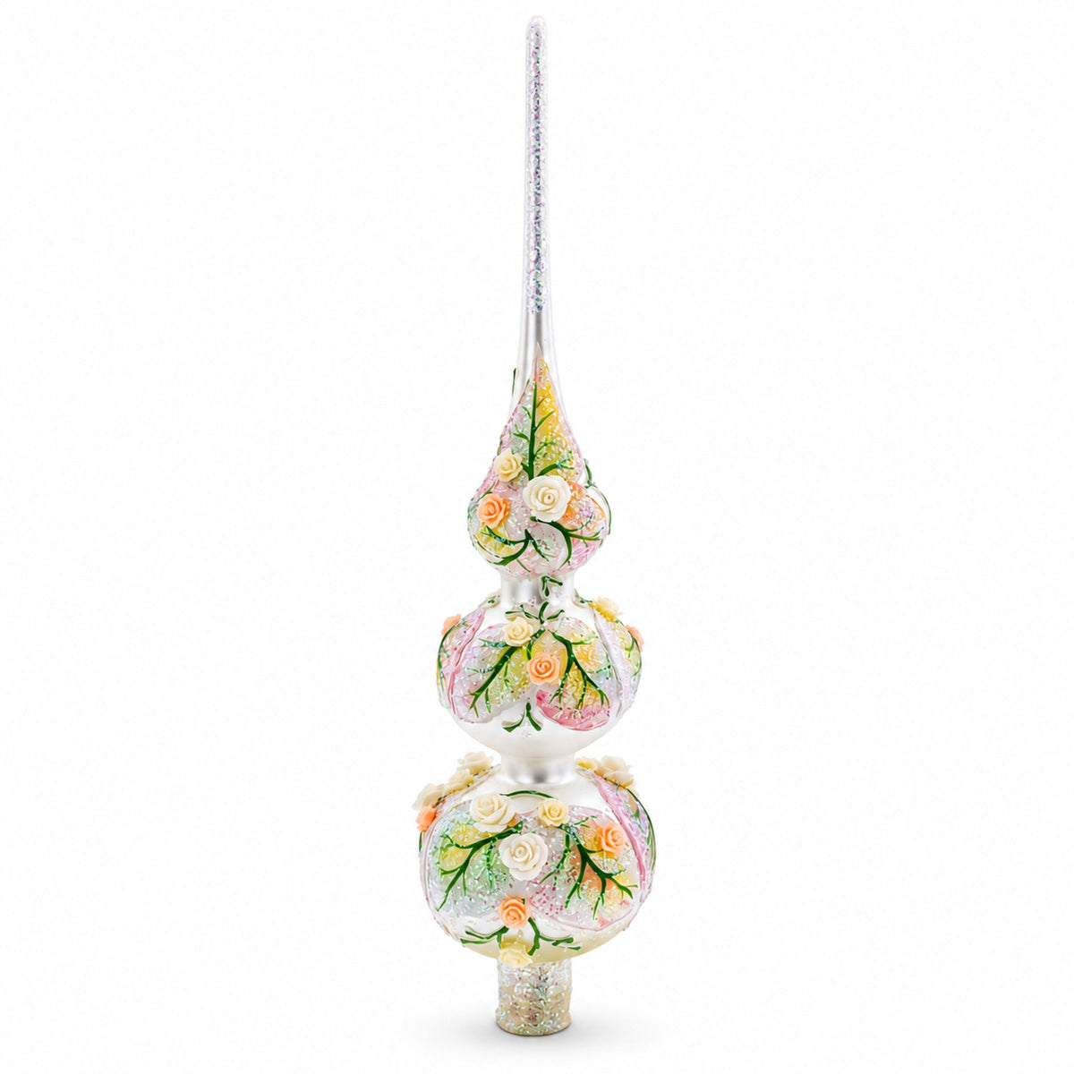 Pink and White Roses Bouquet on Double Ball Glass Christmas Tree Topper 12.5 Inches