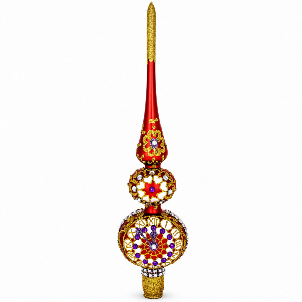 Embossed Clock on Glittered Double Ball Red Glass Christmas Tree Topper 12.5 Inches