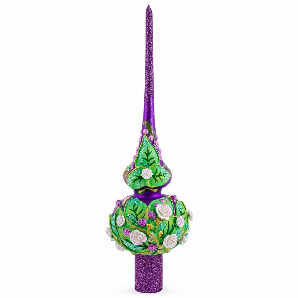 Dimensional Pink Roses on Purple Glass Christmas Tree Topper 11 Inches