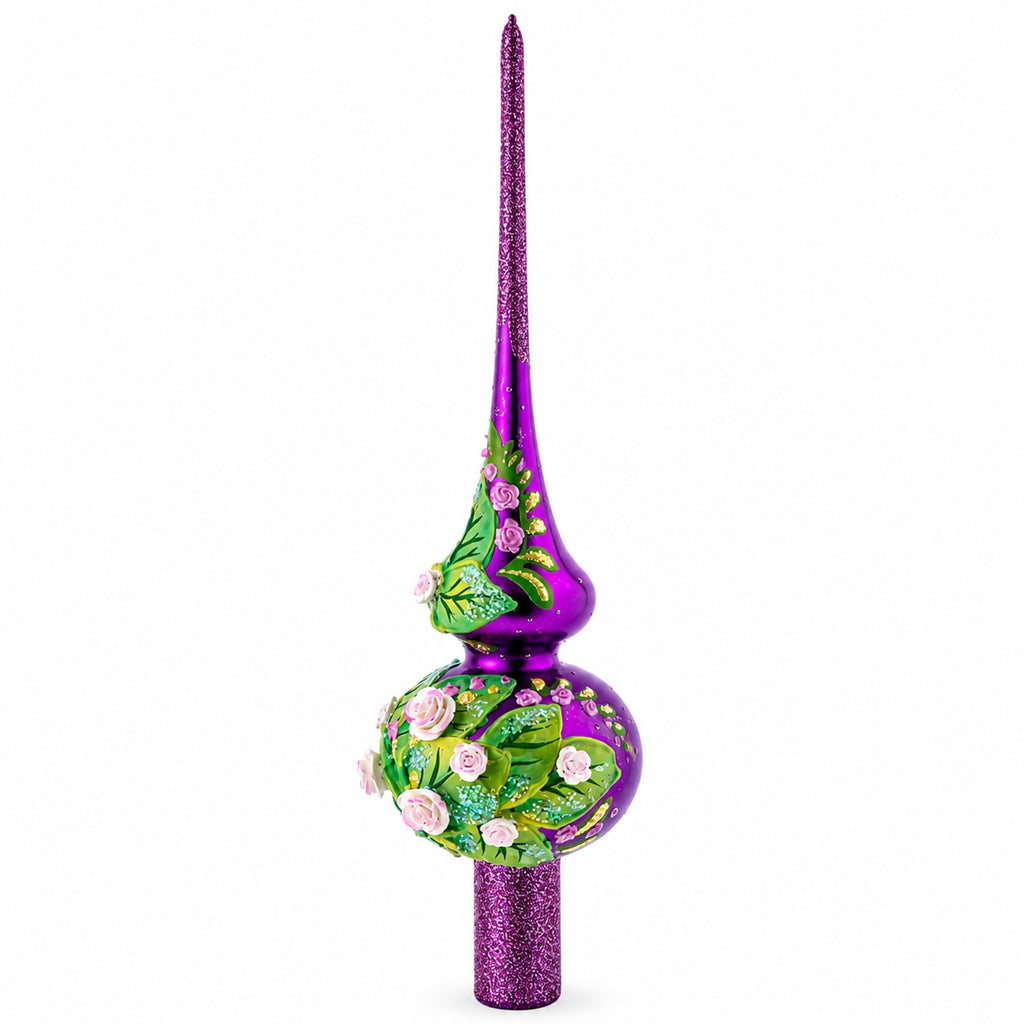 Dimensional Pink Roses on Purple Glass Christmas Tree Topper 11 Inches