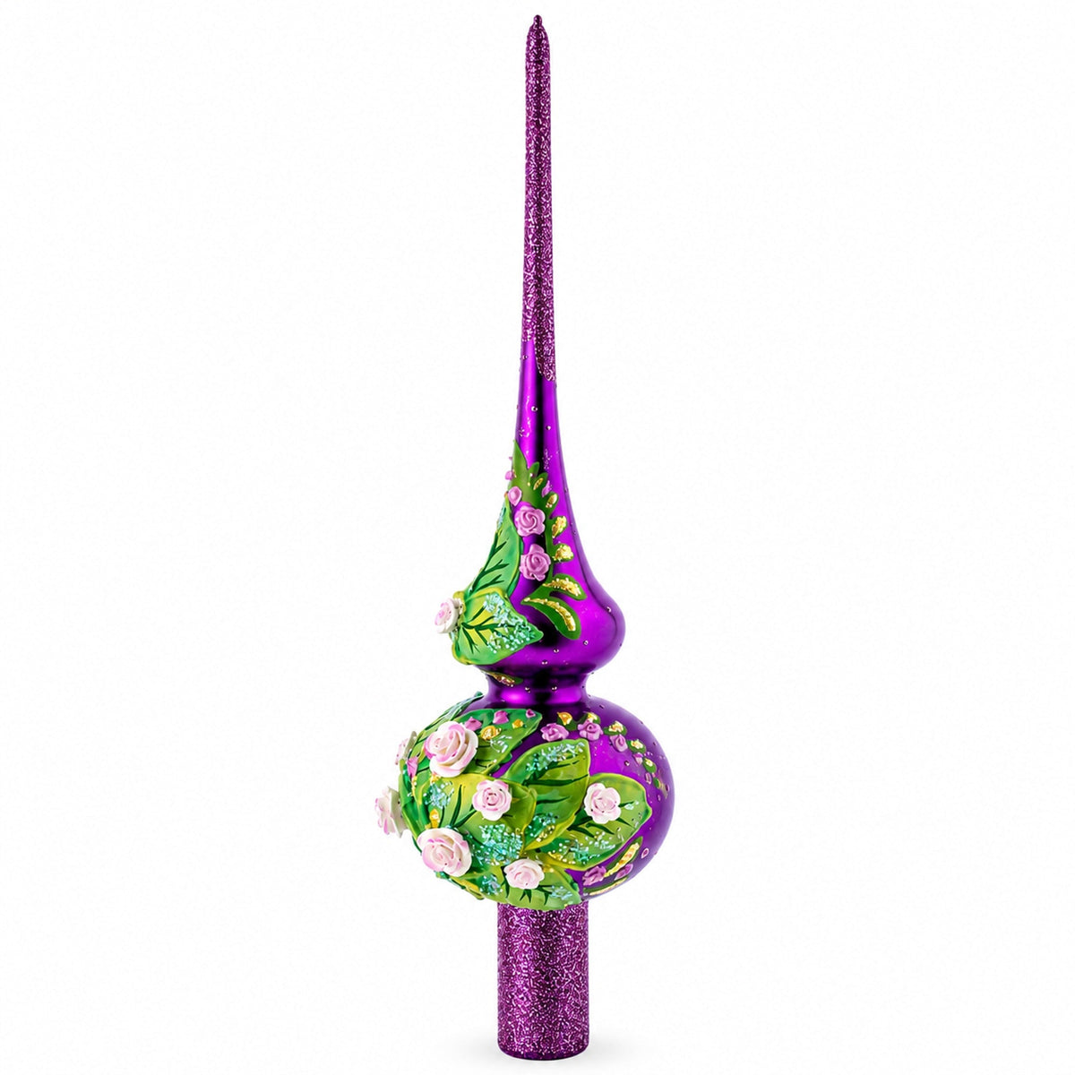 Dimensional Pink Roses on Purple Glass Christmas Tree Topper 11 Inches