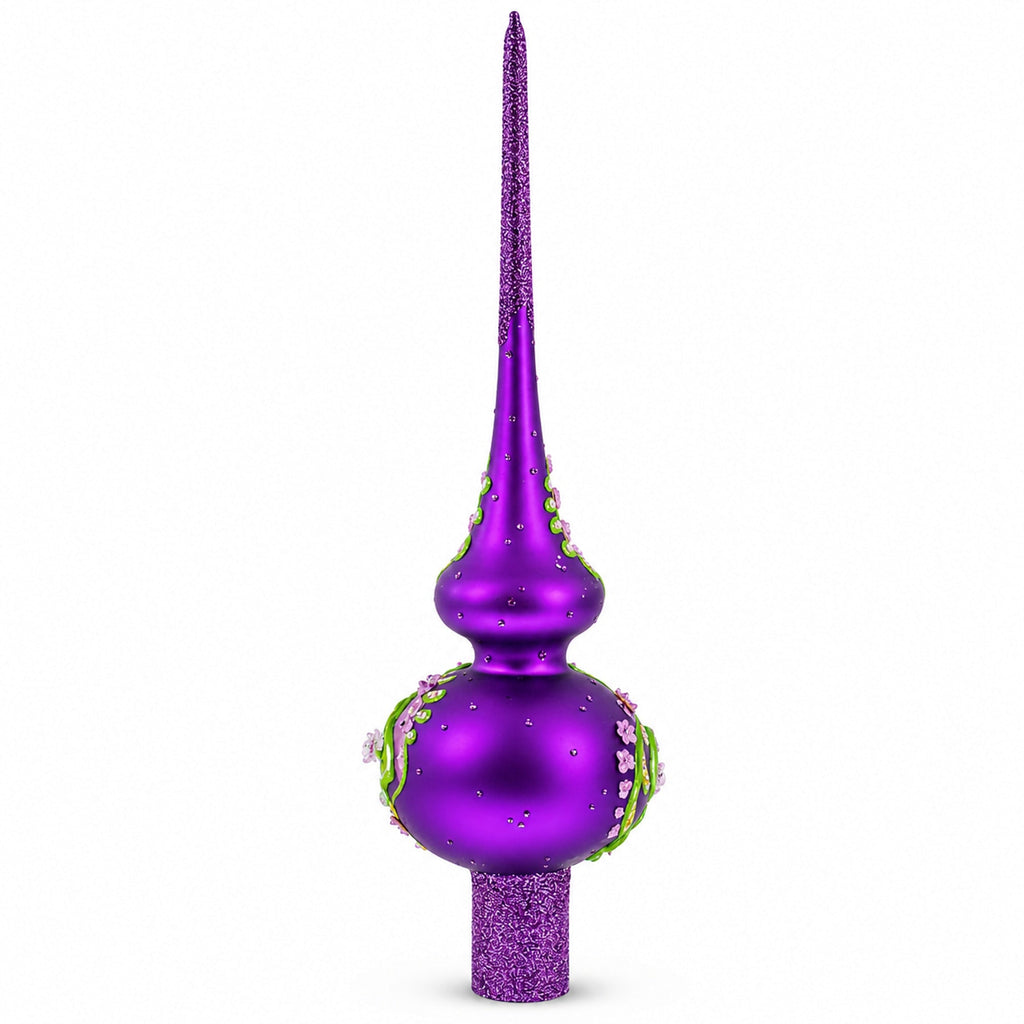Dimensional Pink Roses on Purple Glass Christmas Tree Topper 11 Inches