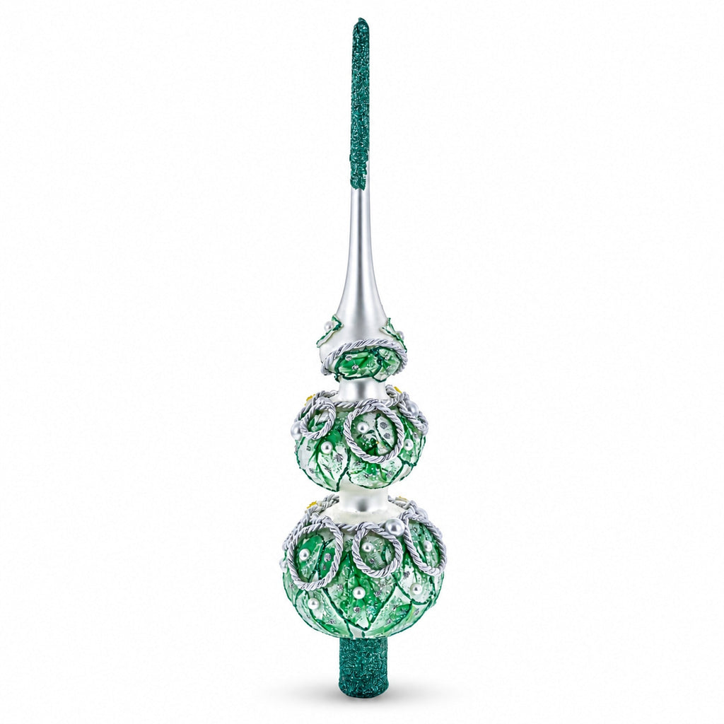 Dimensional Rope and Leaves on White Glass Christmas Tree Topper 12.5 Inches