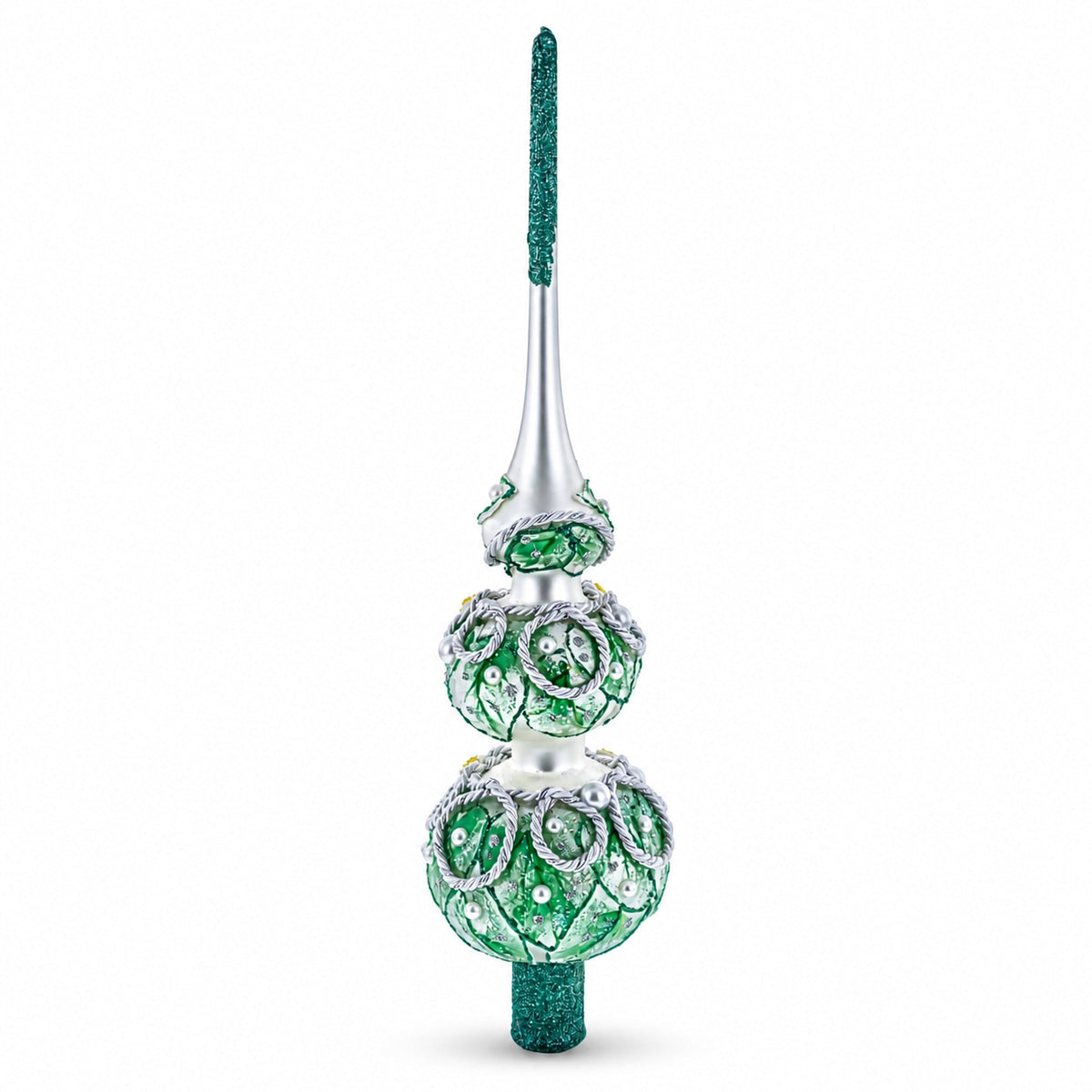 Dimensional Rope and Leaves on White Glass Christmas Tree Topper 12.5 Inches