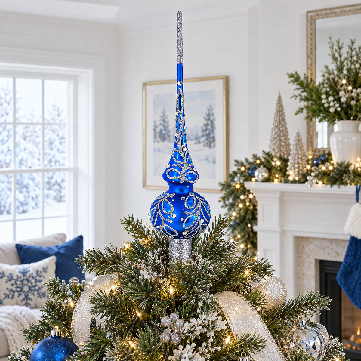 Blue Paisley Mouth Glass Christmas Tree Topper 11 Inches