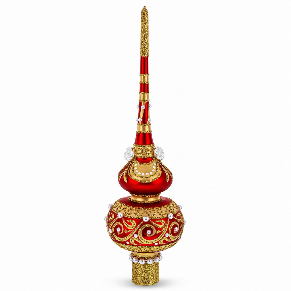 Dimensional Roses and Pearls on Golden Scroll Glass Christmas Tree Topper 11 Inches