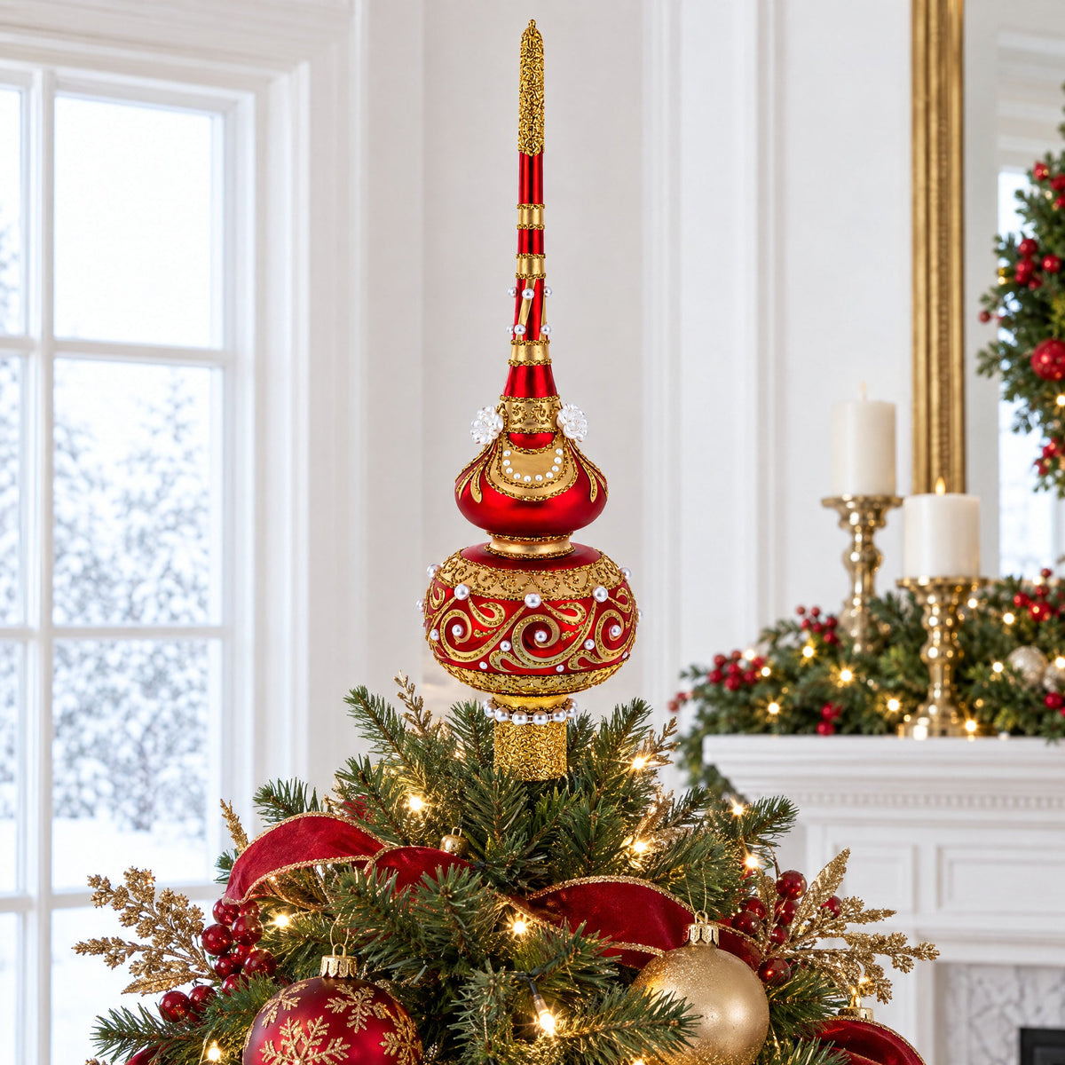 Dimensional Roses and Pearls on Golden Scroll Glass Christmas Tree Topper 11 Inches
