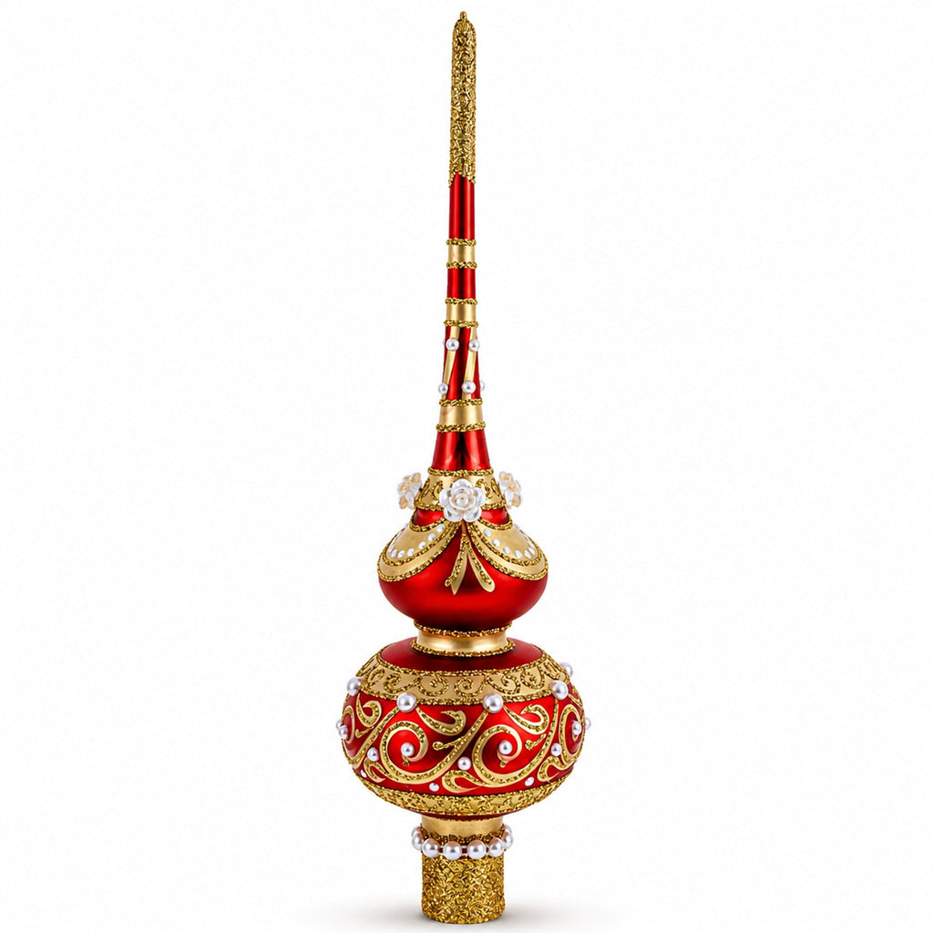 Dimensional Roses and Pearls on Golden Scroll Glass Christmas Tree Topper 11 Inches