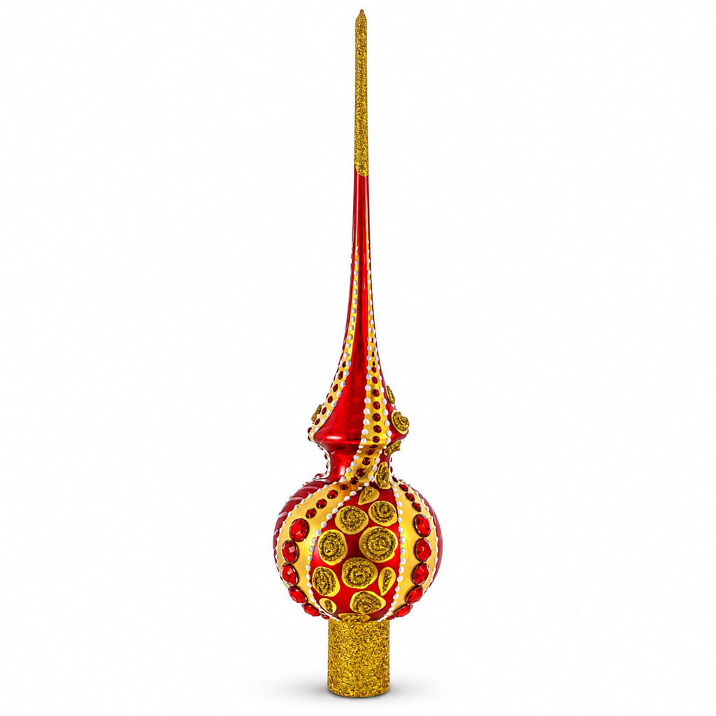 Dimensional Red Jewels on Golden Spirals Glass Christmas Tree Topper 11 Inches