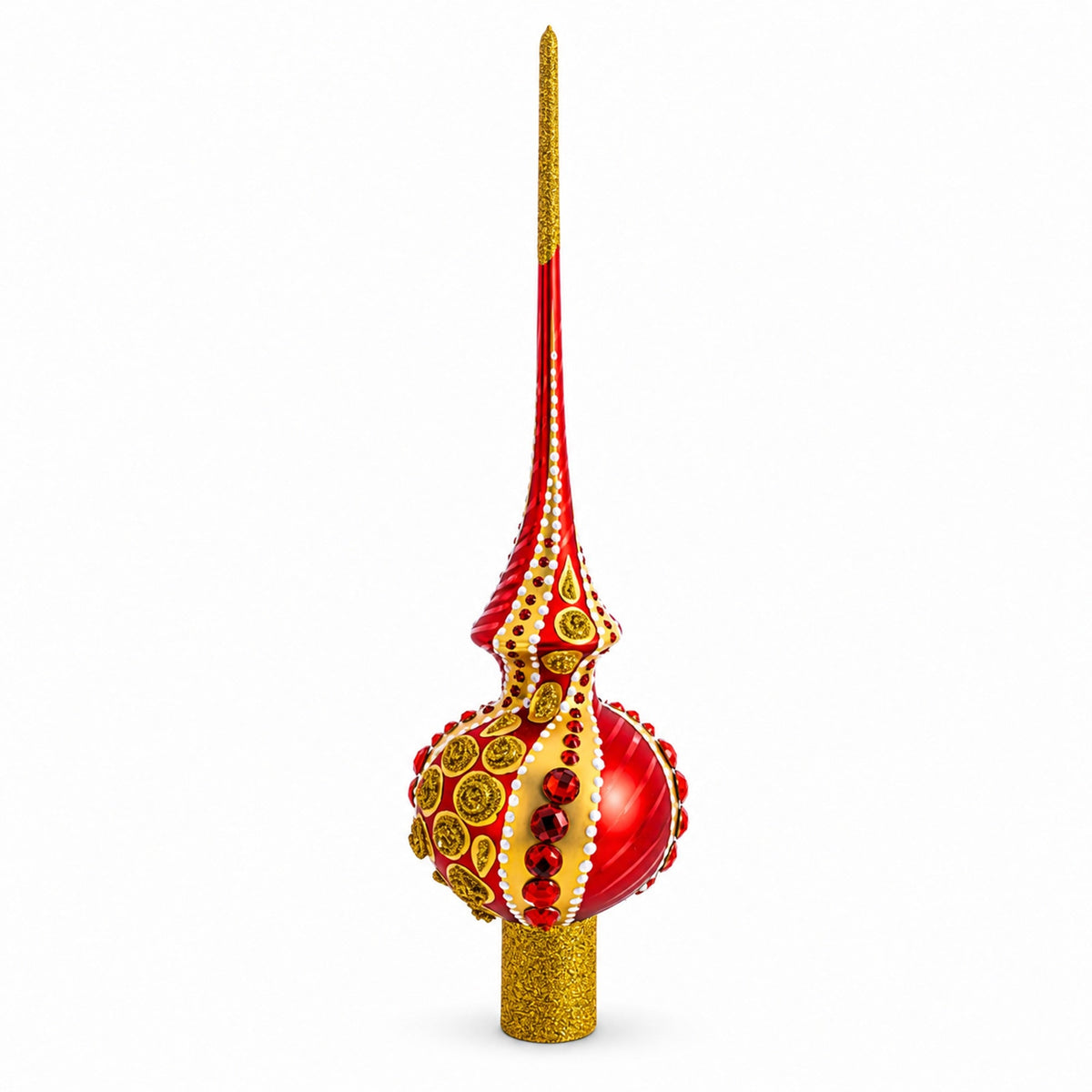 Dimensional Red Jewels on Golden Spirals Glass Christmas Tree Topper 11 Inches