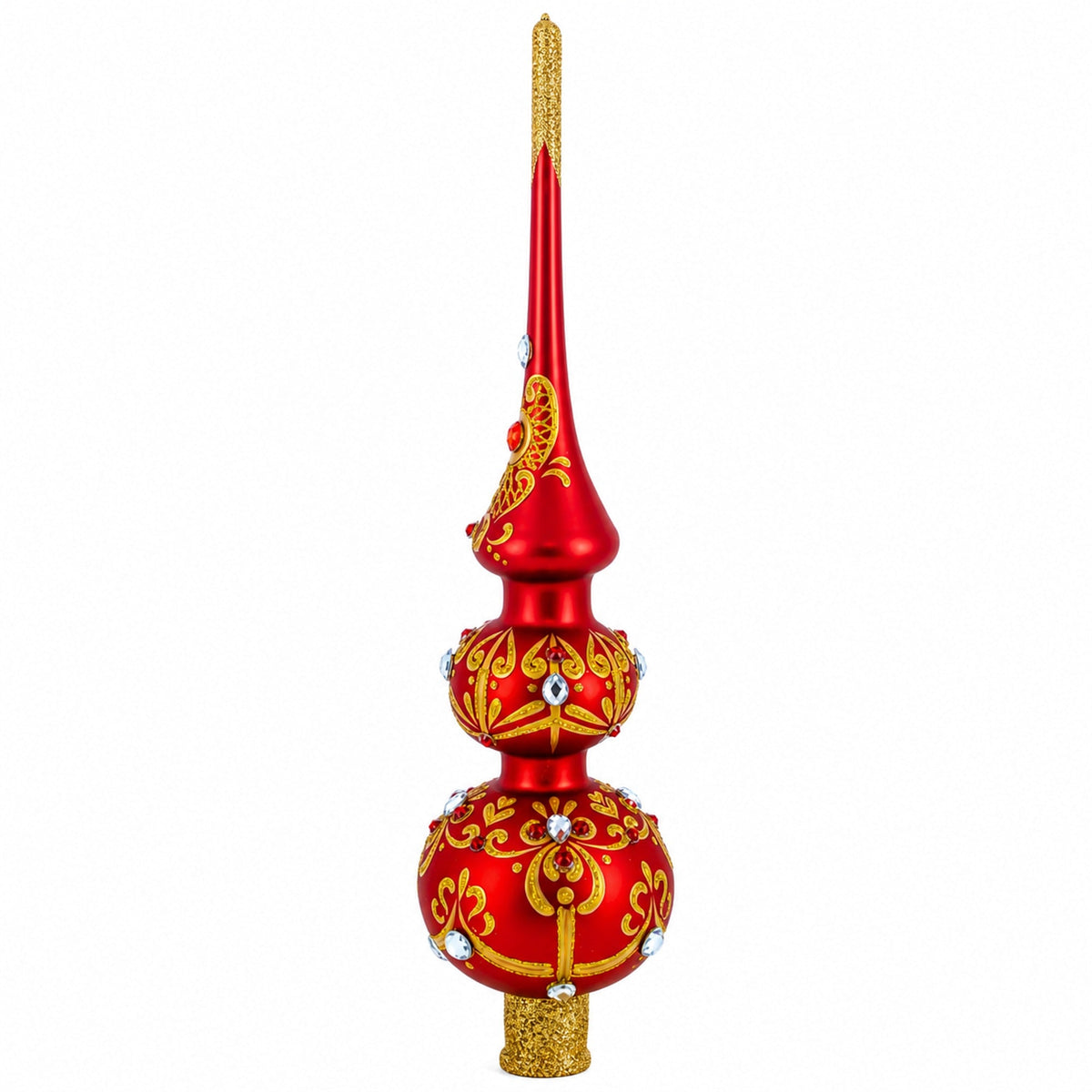 White and Red Jewels with Golden Trellis on Red Glass Christmas Tree Topper 12.5 Inches