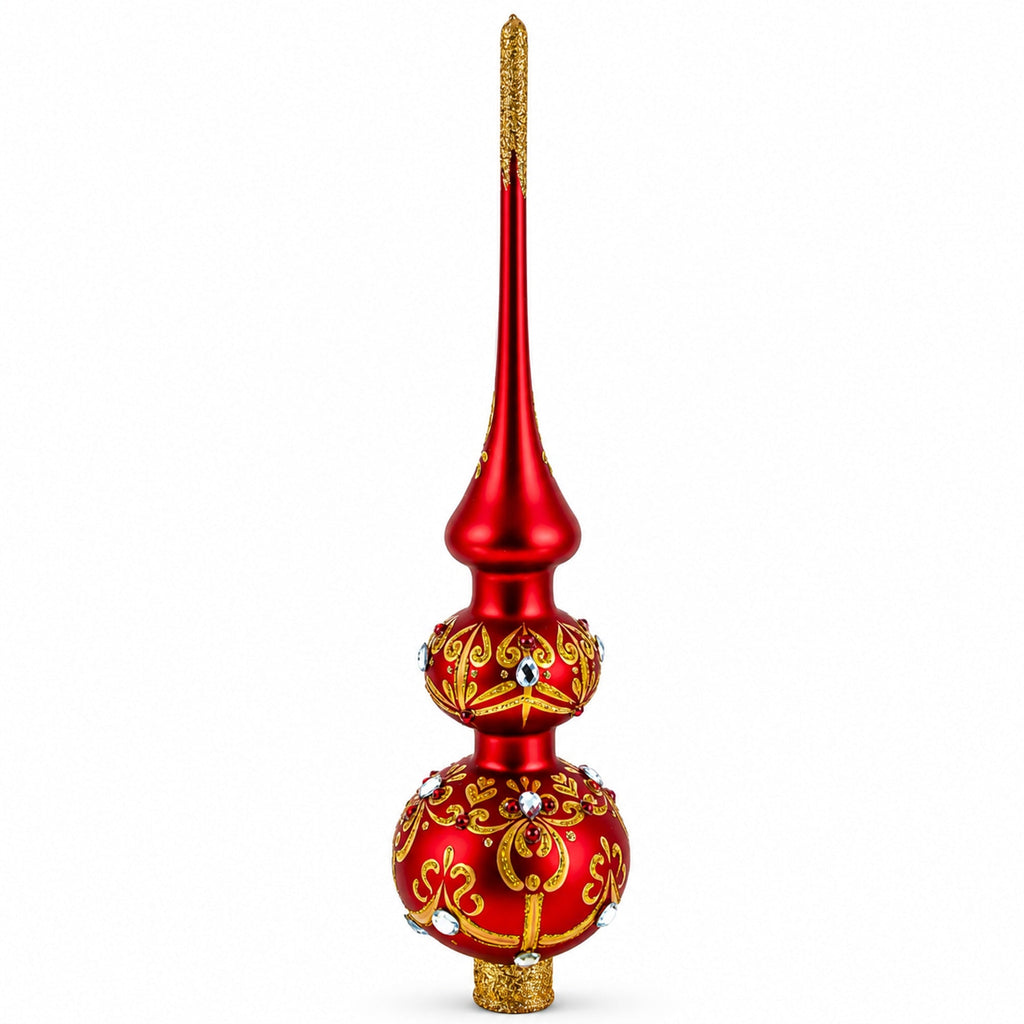 White and Red Jewels with Golden Trellis on Red Glass Christmas Tree Topper 12.5 Inches