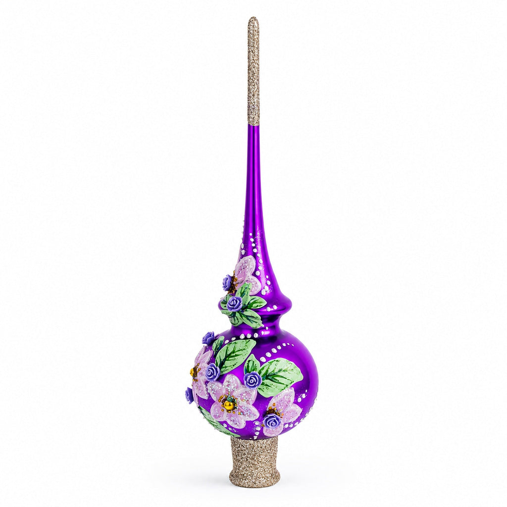 Dimensional Roses on Purple Glass Christmas Tree Topper 11 Inches