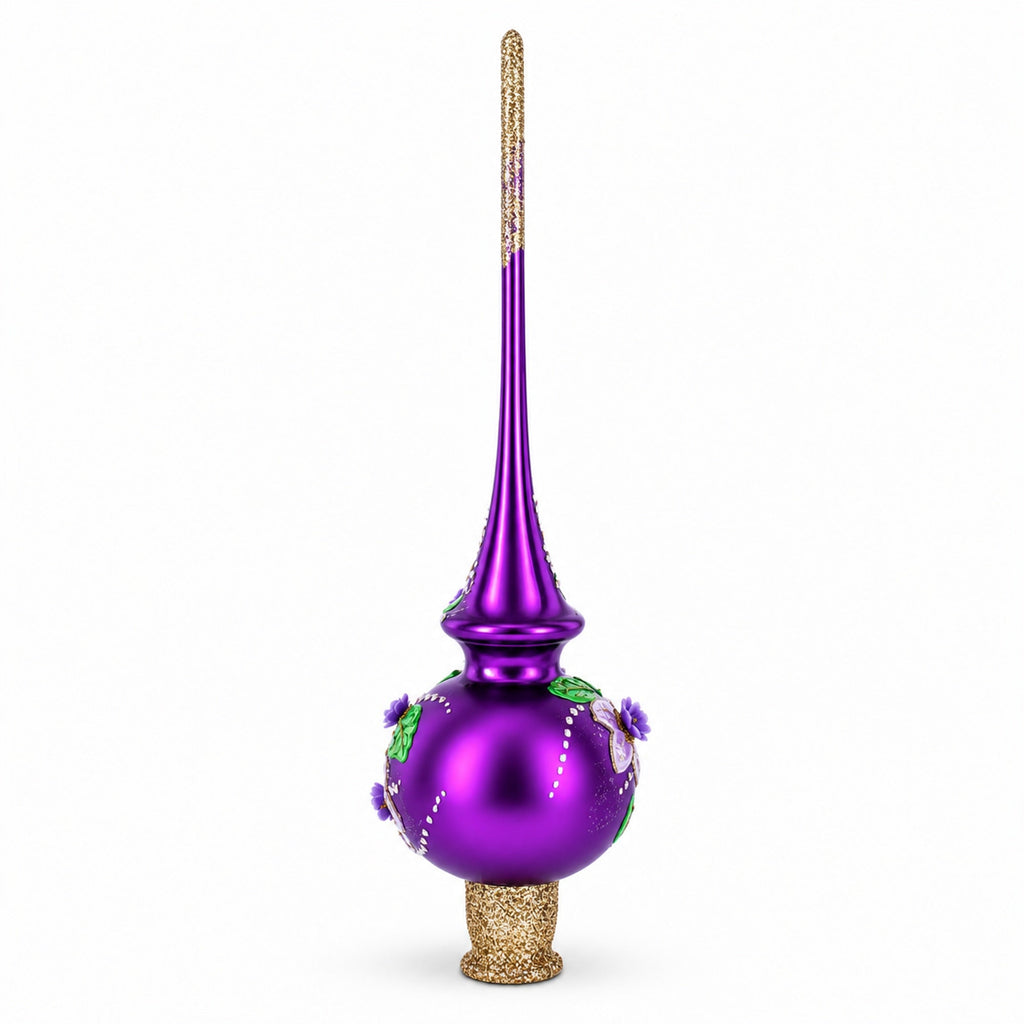 Dimensional Roses on Purple Glass Christmas Tree Topper 11 Inches