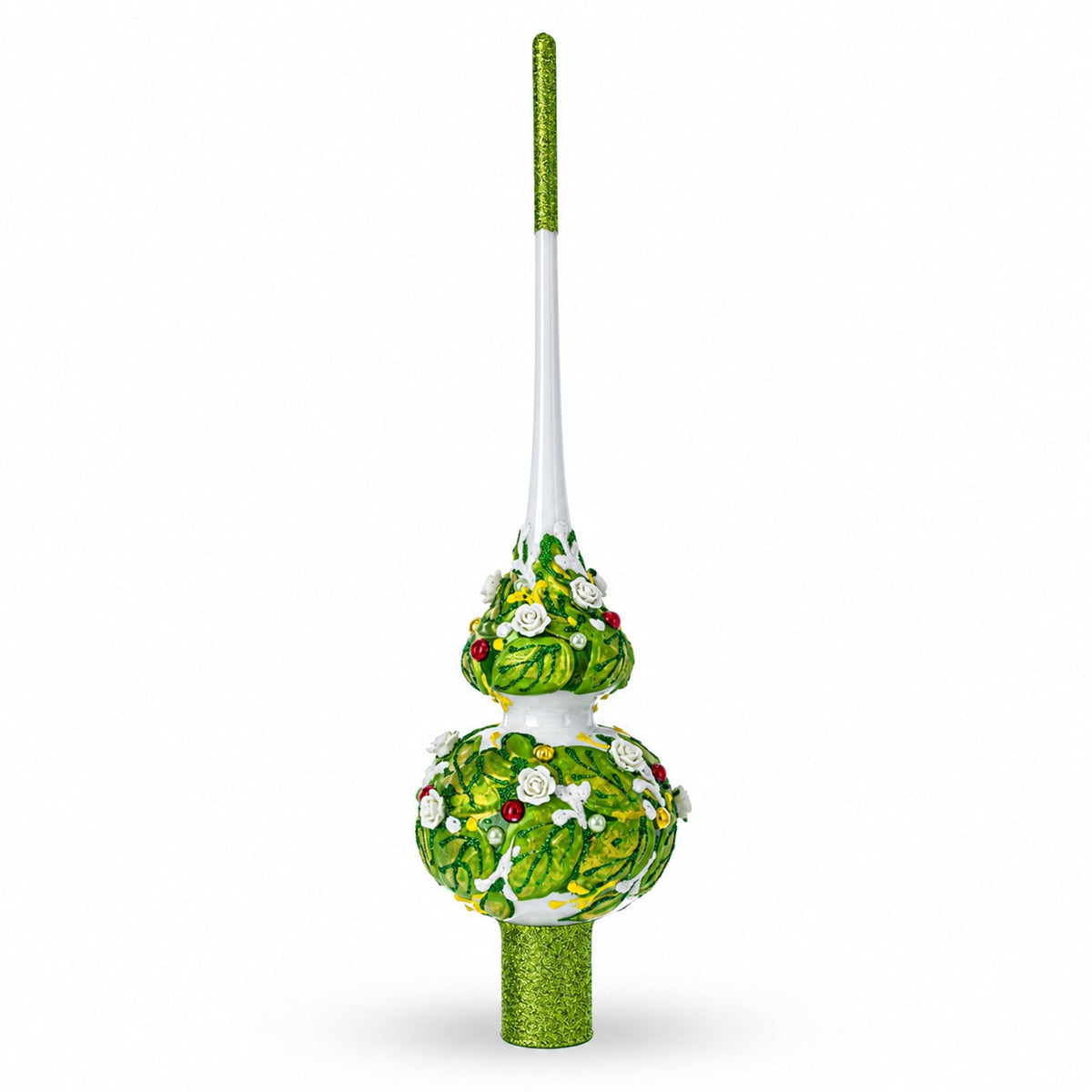 Dimensional White Roses on Green Leaves Glass Christmas Tree Topper 11 Inches