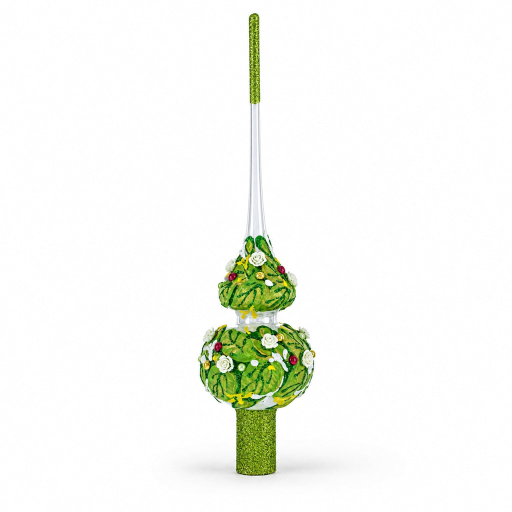 Dimensional White Roses on Green Leaves Glass Christmas Tree Topper 11 Inches