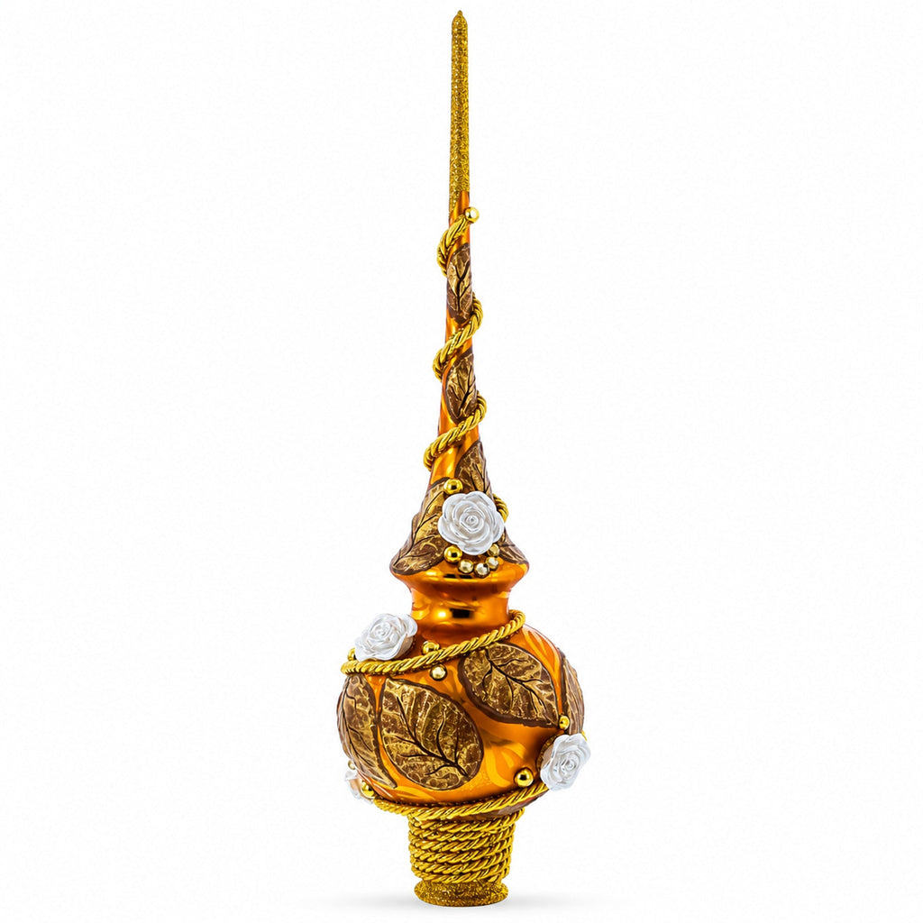 White Roses with Golden Leaves on Gold Glass Christmas Tree Topper 11 Inches
