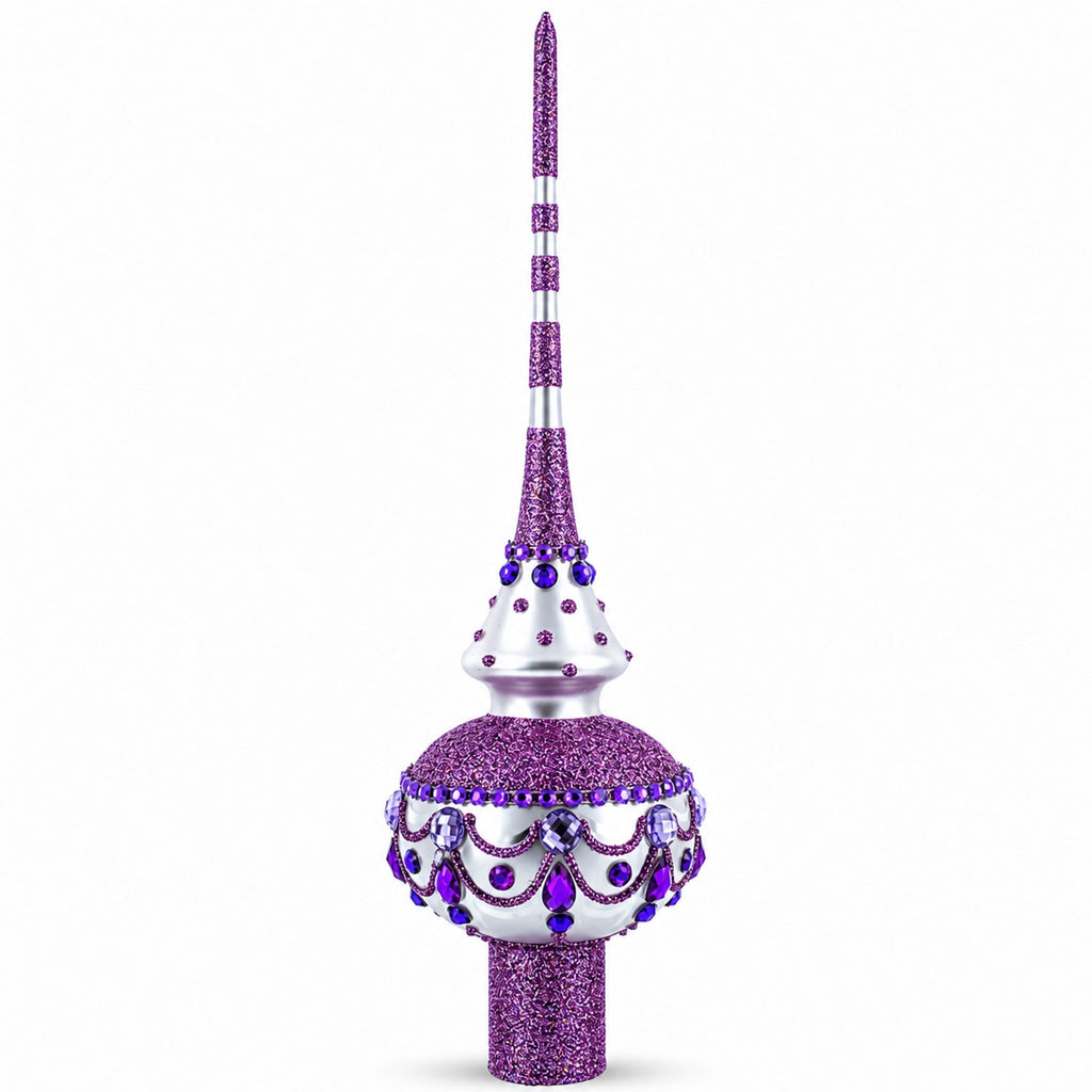 Jeweled Purple Chandelier on White Glass Christmas Tree Topper 11 Inches