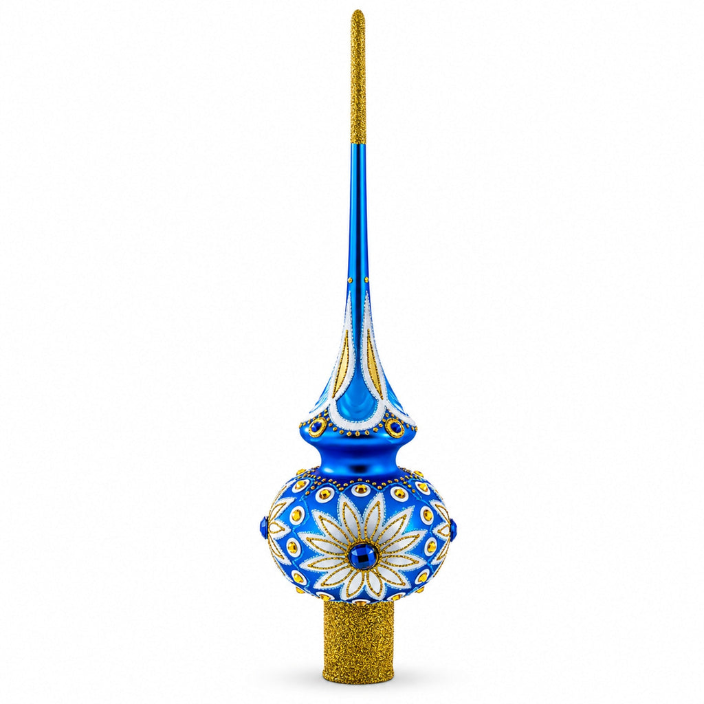 White Daisies on Blue Glass Christmas Tree Topper 11 Inches