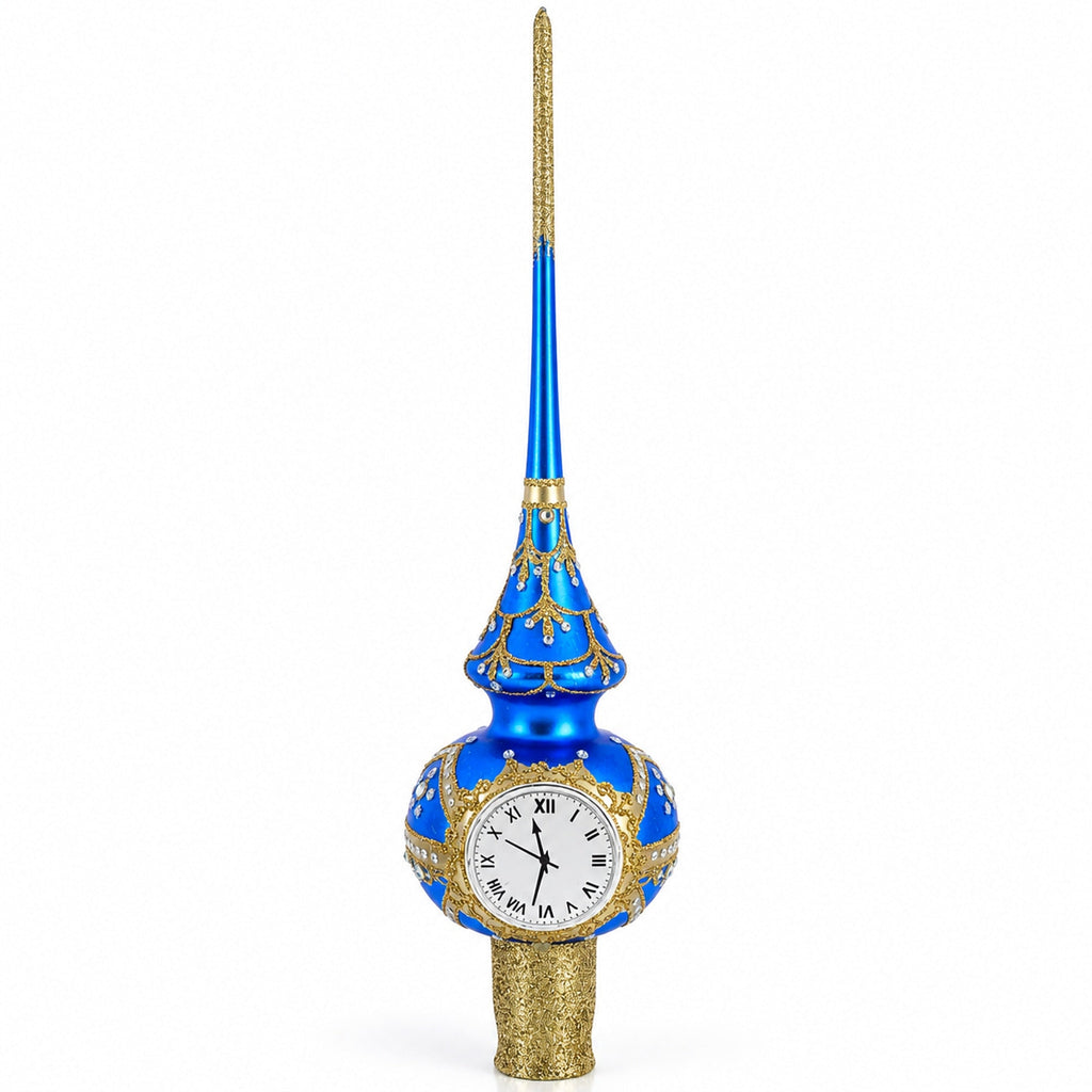 White Dial Clock on Blue and Gold Glass Christmas Tree Topper 11 Inches