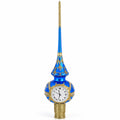 White Dial Clock on Blue and Gold Glass Christmas Tree Topper 11 Inches